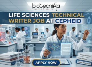 Life Sciences Job Alert| Cepheid Hiring Technical Writer in Bangalore | You Can’t Miss It! Life Sciences Job Alert| Cepheid Hiring Technical Writer. A professional recruitment image for a "Life Sciences Technical Writer Job at Cepheid." The scene features a female professional in a lab setting interacting with a futuristic transparent digital display showing 3D viral structures and DNA strands. In the foreground, stacked binders are clearly labeled "PROTOCOL DEVELOPMENT," "TECHNICAL MANUAL," and "TECHNICAL DOCUMENTATION." The Biotecnika logo is positioned at the top center, and a bold "APPLY NOW" button is at the bottom. The background shows a high-tech laboratory with researchers and bioreactor equipment.