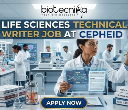 Life Sciences Job Alert| Cepheid Hiring Technical Writer in Bangalore | You Can’t Miss It! Life Sciences Job Alert| Cepheid Hiring Technical Writer. A professional recruitment image for a "Life Sciences Technical Writer Job at Cepheid." The scene features a female professional in a lab setting interacting with a futuristic transparent digital display showing 3D viral structures and DNA strands. In the foreground, stacked binders are clearly labeled "PROTOCOL DEVELOPMENT," "TECHNICAL MANUAL," and "TECHNICAL DOCUMENTATION." The Biotecnika logo is positioned at the top center, and a bold "APPLY NOW" button is at the bottom. The background shows a high-tech laboratory with researchers and bioreactor equipment.