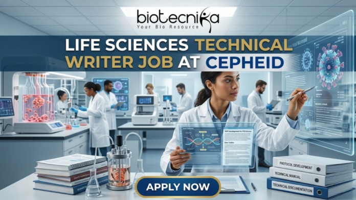 Life Sciences Job Alert| Cepheid Hiring Technical Writer Life Sciences Job Alert| Cepheid Hiring Technical Writer. A professional recruitment image for a "Life Sciences Technical Writer Job at Cepheid." The scene features a female professional in a lab setting interacting with a futuristic transparent digital display showing 3D viral structures and DNA strands. In the foreground, stacked binders are clearly labeled "PROTOCOL DEVELOPMENT," "TECHNICAL MANUAL," and "TECHNICAL DOCUMENTATION." The Biotecnika logo is positioned at the top center, and a bold "APPLY NOW" button is at the bottom. The background shows a high-tech laboratory with researchers and bioreactor equipment.
