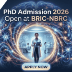 PhD Admission 2026 Open at BRIC-NBRC | Apply Online Today. A featured image for PhD Admission 2026 at BRIC-NBRC. The image shows a female scientist in a white lab coat standing in a futuristic laboratory, surrounded by a large, glowing holographic human brain with intricate neural pathways. The text "PhD Admission 2026 Open at BRIC-NBRC" is prominently displayed at the top center. The Biotecnika logo is in the top left corner, and a blue "APPLY NOW" button is positioned at the bottom. Background researchers work in a high-tech neurobiology research environment.