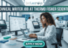 Technical Writer Job at Thermo Fisher Scientific | Life Science Job. Featured image for a Technical Writer job vacancy at Thermo Fisher Scientific. The realistic visual features a professional female scientist in a white lab coat and safety glasses diligently working on a laptop within a high-tech, modern laboratory filled with advanced scientific equipment and monitors. The top of the image displays the Biotecnika logo and the bold text 'TECHNICAL WRITER JOB AT THERMO FISHER SCIENTIFIC,' while a prominent, glowing 'APPLY NOW' button is positioned at the bottom center.