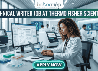 Technical Writer Job at Thermo Fisher Scientific | Latest Life Science Job Opportunities Technical Writer Job at Thermo Fisher Scientific | Life Science Job. Featured image for a Technical Writer job vacancy at Thermo Fisher Scientific. The realistic visual features a professional female scientist in a white lab coat and safety glasses diligently working on a laptop within a high-tech, modern laboratory filled with advanced scientific equipment and monitors. The top of the image displays the Biotecnika logo and the bold text 'TECHNICAL WRITER JOB AT THERMO FISHER SCIENTIFIC,' while a prominent, glowing 'APPLY NOW' button is positioned at the bottom center.