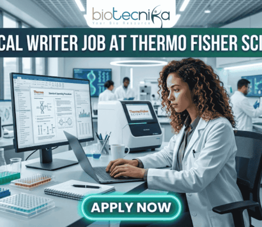 Technical Writer Job at Thermo Fisher Scientific | Life Science Job. Featured image for a Technical Writer job vacancy at Thermo Fisher Scientific. The realistic visual features a professional female scientist in a white lab coat and safety glasses diligently working on a laptop within a high-tech, modern laboratory filled with advanced scientific equipment and monitors. The top of the image displays the Biotecnika logo and the bold text 'TECHNICAL WRITER JOB AT THERMO FISHER SCIENTIFIC,' while a prominent, glowing 'APPLY NOW' button is positioned at the bottom center.