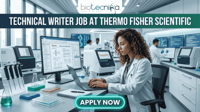 Technical Writer Job at Thermo Fisher Scientific | Life Science Job Technical Writer Job at Thermo Fisher Scientific | Life Science Job. Featured image for a Technical Writer job vacancy at Thermo Fisher Scientific. The realistic visual features a professional female scientist in a white lab coat and safety glasses diligently working on a laptop within a high-tech, modern laboratory filled with advanced scientific equipment and monitors. The top of the image displays the Biotecnika logo and the bold text 'TECHNICAL WRITER JOB AT THERMO FISHER SCIENTIFIC,' while a prominent, glowing 'APPLY NOW' button is positioned at the bottom center.