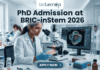 PhD Admission at BRIC-inStem 2026 | JRF-Based Entry + Cutting-Edge Stem Cell Research Opportunity! A high-resolution featured image for PhD Admission at BRIC-inStem 2026. The image depicts a modern, realistic biotechnology laboratory where a female scientist of Indian descent, wearing a lab coat and safety goggles, is carefully examining a multi-well plate. Beside her, a computer monitor displays a vibrant, high-detail microscopic image of a stem cell labeled with genetic markers. The Biotecnika logo is positioned at the top center, and a prominent "APPLY NOW" button is located at the bottom.