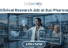Clinical Research Job at Sun Pharma | CRA Vacancy for Life Science Graduates! A complex promotional graphic from biotecnika HEMO SOLUTIONS, featuring the headline 'Clinical Research Job at Sun Pharma' and a large 'APPLY NOW' button at the bottom. A female presenter in a lab coat is showing a transparent augmented reality data display to an older woman and a male scientist in a modern laboratory. The display wall is filled with charts and graphics, including a 'MOLECULAR PATHWAY' chart, a 'TRIAL PARTICIPANT DEMOGRAPHICS' map of the US, clinical research professional percentages, success metrics line graphs, and molecular diagrams. Bold text on the right of the display prominently shows key statistics: '78% PATIENT RESPONSE IN PHASE 2 NEURO-ONCOLOGY TRIALS' and '86% ADVANCED FORMULATIONS IN DEVELOPMENT'.
