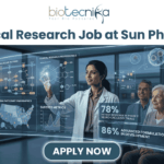 Clinical Research Job at Sun Pharma | CRA Vacancy for Life Science Graduates! A complex promotional graphic from biotecnika HEMO SOLUTIONS, featuring the headline 'Clinical Research Job at Sun Pharma' and a large 'APPLY NOW' button at the bottom. A female presenter in a lab coat is showing a transparent augmented reality data display to an older woman and a male scientist in a modern laboratory. The display wall is filled with charts and graphics, including a 'MOLECULAR PATHWAY' chart, a 'TRIAL PARTICIPANT DEMOGRAPHICS' map of the US, clinical research professional percentages, success metrics line graphs, and molecular diagrams. Bold text on the right of the display prominently shows key statistics: '78% PATIENT RESPONSE IN PHASE 2 NEURO-ONCOLOGY TRIALS' and '86% ADVANCED FORMULATIONS IN DEVELOPMENT'.