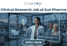 Clinical Research Job at Sun Pharma | CRA Vacancy for Life Science Graduates! A complex promotional graphic from biotecnika HEMO SOLUTIONS, featuring the headline 'Clinical Research Job at Sun Pharma' and a large 'APPLY NOW' button at the bottom. A female presenter in a lab coat is showing a transparent augmented reality data display to an older woman and a male scientist in a modern laboratory. The display wall is filled with charts and graphics, including a 'MOLECULAR PATHWAY' chart, a 'TRIAL PARTICIPANT DEMOGRAPHICS' map of the US, clinical research professional percentages, success metrics line graphs, and molecular diagrams. Bold text on the right of the display prominently shows key statistics: '78% PATIENT RESPONSE IN PHASE 2 NEURO-ONCOLOGY TRIALS' and '86% ADVANCED FORMULATIONS IN DEVELOPMENT'.
