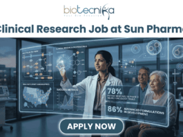A complex promotional graphic from biotecnika HEMO SOLUTIONS, featuring the headline 'Clinical Research Job at Sun Pharma' and a large 'APPLY NOW' button at the bottom. A female presenter in a lab coat is showing a transparent augmented reality data display to an older woman and a male scientist in a modern laboratory. The display wall is filled with charts and graphics, including a 'MOLECULAR PATHWAY' chart, a 'TRIAL PARTICIPANT DEMOGRAPHICS' map of the US, clinical research professional percentages, success metrics line graphs, and molecular diagrams. Bold text on the right of the display prominently shows key statistics: '78% PATIENT RESPONSE IN PHASE 2 NEURO-ONCOLOGY TRIALS' and '86% ADVANCED FORMULATIONS IN DEVELOPMENT'.