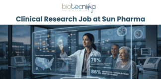 Clinical Research Job at Sun Pharma | CRA Vacancy for Life Science Graduates! A complex promotional graphic from biotecnika HEMO SOLUTIONS, featuring the headline 'Clinical Research Job at Sun Pharma' and a large 'APPLY NOW' button at the bottom. A female presenter in a lab coat is showing a transparent augmented reality data display to an older woman and a male scientist in a modern laboratory. The display wall is filled with charts and graphics, including a 'MOLECULAR PATHWAY' chart, a 'TRIAL PARTICIPANT DEMOGRAPHICS' map of the US, clinical research professional percentages, success metrics line graphs, and molecular diagrams. Bold text on the right of the display prominently shows key statistics: '78% PATIENT RESPONSE IN PHASE 2 NEURO-ONCOLOGY TRIALS' and '86% ADVANCED FORMULATIONS IN DEVELOPMENT'.