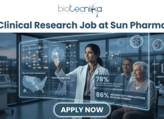 Clinical Research Job at Sun Pharma | CRA Vacancy for Life Science Graduates! A complex promotional graphic from biotecnika HEMO SOLUTIONS, featuring the headline 'Clinical Research Job at Sun Pharma' and a large 'APPLY NOW' button at the bottom. A female presenter in a lab coat is showing a transparent augmented reality data display to an older woman and a male scientist in a modern laboratory. The display wall is filled with charts and graphics, including a 'MOLECULAR PATHWAY' chart, a 'TRIAL PARTICIPANT DEMOGRAPHICS' map of the US, clinical research professional percentages, success metrics line graphs, and molecular diagrams. Bold text on the right of the display prominently shows key statistics: '78% PATIENT RESPONSE IN PHASE 2 NEURO-ONCOLOGY TRIALS' and '86% ADVANCED FORMULATIONS IN DEVELOPMENT'.