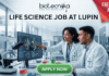 Freshers Alert! Life Science Job at Lupin | Graduates Apply Now. Featured image for a Life Science job opening at Lupin, featuring two young scientists in a modern laboratory. One scientist points at a high-tech monitor displaying colorful 3D protein structures while they collaborate. The image includes the Biotecnika logo at the top, a red "FRESHERS ALERT!" banner in the top right corner, and a prominent green "APPLY NOW" button at the bottom. Central text reads: "LIFE SCIENCE JOB AT LUPIN - Build Your Career with a Leading Pharmaceutical Leader."