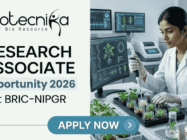 Research Associate Job At BRIC-NIPGR | Life Science Opportunity. A professional featured image designed for a job page. On the left side, the Biotecnika logo is at the top, followed by the bold text "RESEARCH ASSOCIATE Opportunity 2026 at BRIC-NIPGR". On the right side, a realistic image depicts a female scientist in a white lab coat and safety glasses working in a modern, high-tech plant research laboratory; she is using a pipette to study small green seedlings. The background features monitors displaying scientific plant data. At the bottom center, there is a prominent blue "APPLY NOW" button.