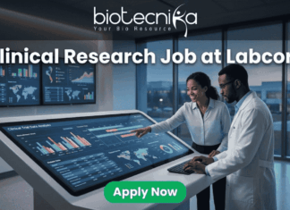 Exciting Clinical Research Job at Labcorp Bangalore – BSc & MSc Candidates Apply Now! Clinical Research Job at Labcorp Bangalore | Apply Now! A realistic and attention-grabbing featured image, size 1280x720, designed for a job page. It features two black clinical researchers, a woman pointing and a man in a white lab coat, collaborating intensely at a massive, tilted touch-screen interface within a futuristic laboratory setting. The screen displays complex multi-colored data visualizations, timelines, maps, and charts with text labeling "Clinical Trial Data Analysis". Prominent white text at the top states: "Clinical Research Job at Labcorp". The complete Biotecnika logo (including text and tagline 'Your Bio Resource') is at the top-center. A distinct vibrant green "Apply Now" button is clearly positioned at the bottom-center.