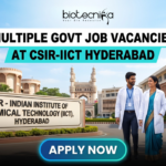 Multiple Govt Job Vacancies at CSIR-IICT Hyderabad | Walk-in-Interview for Life Science Candidates. A realistic featured image for "Multiple Govt Job Vacancies at CSIR-IICT Hyderabad." It depicts scientists walking in front of the CSIR-Indian Institute of Chemical Technology entrance, with the iconic Charminar visible in the background under a clear blue sky. The Biotecnika logo is at the top, and a prominent blue "APPLY NOW" button is at the bottom.