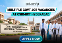 Multiple Govt. Job Vacancies at CSIR-IICT Hyderabad | Walk-in-Interview Multiple Govt Job Vacancies at CSIR-IICT Hyderabad | Walk-in-Interview for Life Science Candidates. A realistic featured image for "Multiple Govt Job Vacancies at CSIR-IICT Hyderabad." It depicts scientists walking in front of the CSIR-Indian Institute of Chemical Technology entrance, with the iconic Charminar visible in the background under a clear blue sky. The Biotecnika logo is at the top, and a prominent blue "APPLY NOW" button is at the bottom.