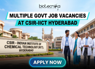 Multiple Govt Job Vacancies at CSIR-IICT Hyderabad | Walk-in-Interview for Life Science Candidates. A realistic featured image for "Multiple Govt Job Vacancies at CSIR-IICT Hyderabad." It depicts scientists walking in front of the CSIR-Indian Institute of Chemical Technology entrance, with the iconic Charminar visible in the background under a clear blue sky. The Biotecnika logo is at the top, and a prominent blue "APPLY NOW" button is at the bottom.