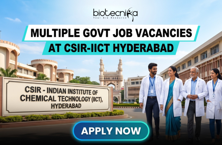 Multiple Govt. Job Vacancies at CSIR-IICT Hyderabad | Walk-in-Interview Multiple Govt Job Vacancies at CSIR-IICT Hyderabad | Walk-in-Interview for Life Science Candidates. A realistic featured image for "Multiple Govt Job Vacancies at CSIR-IICT Hyderabad." It depicts scientists walking in front of the CSIR-Indian Institute of Chemical Technology entrance, with the iconic Charminar visible in the background under a clear blue sky. The Biotecnika logo is at the top, and a prominent blue "APPLY NOW" button is at the bottom.