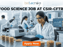 Food Science Job at CSIR-CFTRI Earn Upto ₹31,000 + HRA. A professional recruitment banner for a Food Science job at CSIR-CFTRI. The image features a female scientist in a white lab coat and safety glasses working in a modern, brightly lit laboratory. She is using a pipette to analyze samples in a multi-well plate. The foreground displays glass jars filled with various grains and food ingredients. The Biotecnika logo is at the top center, and the main text reads "FOOD SCIENCE JOB AT CSIR-CFTRI" in bold black letters. A prominent orange "Apply Now" button is positioned at the bottom.