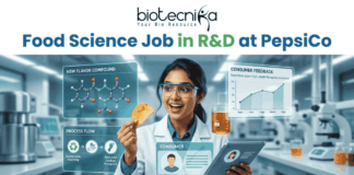 Food Science Job in R&D at PepsiCo – Freshers Can Apply Now! A promotional image featuring the 'biotecnika Your Bio Resource' logo at the top and the large headline 'Computational Biology Job at Springer Nature'. The central figure is a professional woman of South Asian descent, in a white shirt and dark trousers, pointing enthusiastically at a large, glowing interactive wall display. The display presents various complex scientific visualizations, including colorful gene interaction networks, detailed protein structures, a large and beautiful stylized phylogenetic tree, and key research insights with a donut chart. In the blurred background, other professionals work in a high-tech, futuristic office with glowing screens. A prominent, multi-colored button at the bottom center reads 'APPLY NOW'. The overall scene is high-tech, scientific, and inviting.