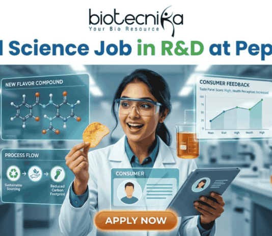 Food Science Job in R&D at PepsiCo – Freshers Can Apply Now! Food Science Job in R&D at PepsiCo – Freshers Can Apply Now! A promotional image featuring the 'biotecnika Your Bio Resource' logo at the top and the large headline 'Computational Biology Job at Springer Nature'. The central figure is a professional woman of South Asian descent, in a white shirt and dark trousers, pointing enthusiastically at a large, glowing interactive wall display. The display presents various complex scientific visualizations, including colorful gene interaction networks, detailed protein structures, a large and beautiful stylized phylogenetic tree, and key research insights with a donut chart. In the blurred background, other professionals work in a high-tech, futuristic office with glowing screens. A prominent, multi-colored button at the bottom center reads 'APPLY NOW'. The overall scene is high-tech, scientific, and inviting.