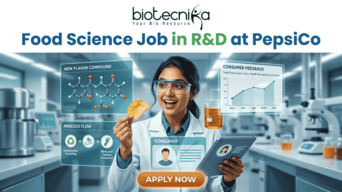 Food Science Job in R&D at PepsiCo – Freshers Can Apply Now! Food Science Job in R&D at PepsiCo – Freshers Can Apply Now! A promotional image featuring the 'biotecnika Your Bio Resource' logo at the top and the large headline 'Computational Biology Job at Springer Nature'. The central figure is a professional woman of South Asian descent, in a white shirt and dark trousers, pointing enthusiastically at a large, glowing interactive wall display. The display presents various complex scientific visualizations, including colorful gene interaction networks, detailed protein structures, a large and beautiful stylized phylogenetic tree, and key research insights with a donut chart. In the blurred background, other professionals work in a high-tech, futuristic office with glowing screens. A prominent, multi-colored button at the bottom center reads 'APPLY NOW'. The overall scene is high-tech, scientific, and inviting.