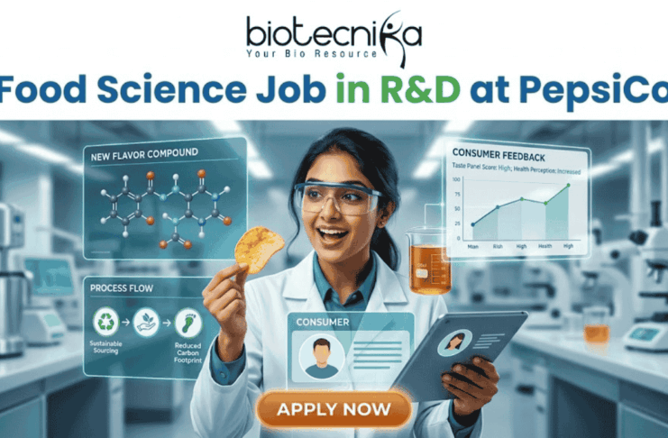 Food Science Job in R&D at PepsiCo – Freshers Can Apply Now! Food Science Job in R&D at PepsiCo – Freshers Can Apply Now! A promotional image featuring the 'biotecnika Your Bio Resource' logo at the top and the large headline 'Computational Biology Job at Springer Nature'. The central figure is a professional woman of South Asian descent, in a white shirt and dark trousers, pointing enthusiastically at a large, glowing interactive wall display. The display presents various complex scientific visualizations, including colorful gene interaction networks, detailed protein structures, a large and beautiful stylized phylogenetic tree, and key research insights with a donut chart. In the blurred background, other professionals work in a high-tech, futuristic office with glowing screens. A prominent, multi-colored button at the bottom center reads 'APPLY NOW'. The overall scene is high-tech, scientific, and inviting.