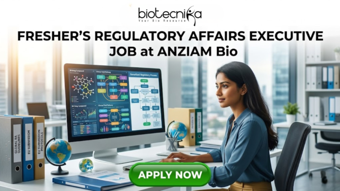 Fresher Regulatory Affairs Executive Job at ANZIAM Bio Apply. A recruitment poster for a "Fresher’s Regulatory Affairs Executive Job at ANZIAM Bio," featuring a young professional woman concentrating on a large computer monitor in a modern open-plan office with a cityscape view through the windows. The logo "biotecnika Global tagling technolgies" is at the top. On her desk, colorful files with labels like "Global Reg Guidelines," "EU Submission," and "ANZ Submission Protocols" are stacked, along with two globes. The computer screen shows regulatory pathways and charts. At the bottom center, a prominent green button reads "APPLY NOW".