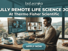 Fully Remote Life Science Job at Thermo Fisher Scientific – Global Opportunity! A professional, attractive, and unique featured image for a "Fully Remote Life Science Job At Thermo Fisher Scientific," recruited through biotecnika. A smiling South Asian man with headphones types on a laptop at a large wooden desk in a bright home office. His desk features monitors displaying 3D molecular structures, data charts, and a group video conference call. Automated lab equipment and reagent tubes are on the desk. A large window overlooks a scenic mountainous view, with a tabby cat asleep nearby. Header text reads 'FULLY REMOTE LIFE SCIENCE JOB At Thermo Fisher Scientific'. The 'biotecnika Your Bio Resource' logo is at the top. A prominent 'APPLY NOW' button is at the bottom center. No Thermo Fisher Scientific company logo graphic is present.