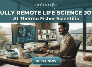 Fully Remote Life Science Job at Thermo Fisher Scientific – Global Opportunity! Fully Remote Life Science Job at Thermo Fisher Scientific – Global Opportunity! A professional, attractive, and unique featured image for a "Fully Remote Life Science Job At Thermo Fisher Scientific," recruited through biotecnika. A smiling South Asian man with headphones types on a laptop at a large wooden desk in a bright home office. His desk features monitors displaying 3D molecular structures, data charts, and a group video conference call. Automated lab equipment and reagent tubes are on the desk. A large window overlooks a scenic mountainous view, with a tabby cat asleep nearby. Header text reads 'FULLY REMOTE LIFE SCIENCE JOB At Thermo Fisher Scientific'. The 'biotecnika Your Bio Resource' logo is at the top. A prominent 'APPLY NOW' button is at the bottom center. No Thermo Fisher Scientific company logo graphic is present.