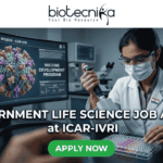 Government Life Science Job Alert 2026 – Earn Upto ₹56,000 + HRA as Research Scientist at ICAR-IVRI!. Professional featured image for a "Government Life Science Job Alert at ICAR-IVRI" advertisement. The image depicts a female scientist in a white lab coat and protective gear using a pipette in a high-tech laboratory setting. A large computer monitor in the background displays detailed 3D pathogen genomics and vaccine development data. The layout features the Biotecnika logo at the top and a prominent green "APPLY NOW" button at the bottom center.