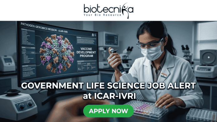 Government Life Science Job Alert 2026 – Earn Upto ₹56,000 + HRA as Research Scientist at ICAR-IVRI!. Professional featured image for a "Government Life Science Job Alert at ICAR-IVRI" advertisement. The image depicts a female scientist in a white lab coat and protective gear using a pipette in a high-tech laboratory setting. A large computer monitor in the background displays detailed 3D pathogen genomics and vaccine development data. The layout features the Biotecnika logo at the top and a prominent green "APPLY NOW" button at the bottom center.