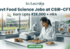 "Govt Food Science Jobs at CSIR-CFTRI | Earn Upto ₹28K+ HRA. A professional featured image for a 'Govt Food Science Jobs at CSIR-CFTRI' recruitment page. It depicts an Indian female scientist in a modern laboratory inspecting food samples (cookies). The image includes the Biotecnika logo at the top, a salary tagline 'Earn Upto ₹28,000 + HRA', and a prominent green 'Apply Now' button at the bottom."