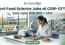 Govt Food Science Jobs at CSIR-CFTRI | Apply For Project Associate Jobs & Earn Upto ₹28,000 + HRA "Govt Food Science Jobs at CSIR-CFTRI | Earn Upto ₹28K+ HRA. A professional featured image for a 'Govt Food Science Jobs at CSIR-CFTRI' recruitment page. It depicts an Indian female scientist in a modern laboratory inspecting food samples (cookies). The image includes the Biotecnika logo at the top, a salary tagline 'Earn Upto ₹28,000 + HRA', and a prominent green 'Apply Now' button at the bottom."