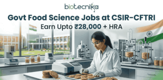 Govt Food Science Jobs at CSIR-CFTRI | Apply For Project Associate Jobs & Earn Upto ₹28,000 + HRA "Govt Food Science Jobs at CSIR-CFTRI | Earn Upto ₹28K+ HRA. A professional featured image for a 'Govt Food Science Jobs at CSIR-CFTRI' recruitment page. It depicts an Indian female scientist in a modern laboratory inspecting food samples (cookies). The image includes the Biotecnika logo at the top, a salary tagline 'Earn Upto ₹28,000 + HRA', and a prominent green 'Apply Now' button at the bottom."