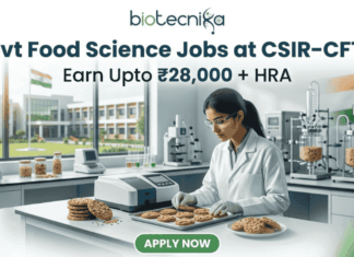 Govt Food Science Jobs at CSIR-CFTRI | Apply For Project Associate Jobs & Earn Upto ₹28,000 + HRA "Govt Food Science Jobs at CSIR-CFTRI | Earn Upto ₹28K+ HRA. A professional featured image for a 'Govt Food Science Jobs at CSIR-CFTRI' recruitment page. It depicts an Indian female scientist in a modern laboratory inspecting food samples (cookies). The image includes the Biotecnika logo at the top, a salary tagline 'Earn Upto ₹28,000 + HRA', and a prominent green 'Apply Now' button at the bottom."