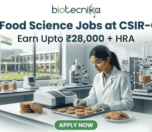 "Govt Food Science Jobs at CSIR-CFTRI | Earn Upto ₹28K+ HRA. A professional featured image for a 'Govt Food Science Jobs at CSIR-CFTRI' recruitment page. It depicts an Indian female scientist in a modern laboratory inspecting food samples (cookies). The image includes the Biotecnika logo at the top, a salary tagline 'Earn Upto ₹28,000 + HRA', and a prominent green 'Apply Now' button at the bottom."