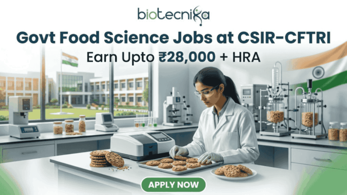 "Govt Food Science Jobs at CSIR-CFTRI | Earn Upto ₹28K+ HRA. A professional featured image for a 'Govt Food Science Jobs at CSIR-CFTRI' recruitment page. It depicts an Indian female scientist in a modern laboratory inspecting food samples (cookies). The image includes the Biotecnika logo at the top, a salary tagline 'Earn Upto ₹28,000 + HRA', and a prominent green 'Apply Now' button at the bottom."