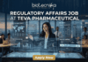 Regulatory Affairs Job at Teva Pharmaceutical | Life Science Careers. Featured image of a job advertisement, 1280x720 pixels, with a corporate yet futuristic aesthetic designed for high engagement. At the top center, the "biotecnika Your Bio Resource" logo and text from image_0.png is clearly displayed in white against a data-patterned background. Below the logo is the main headline in large, bold, clean white text: "REGULATORY AFFAIRS JOB AT TEVA PHARMACEUTICAL". The central figure is a female professional (woman of color) in a sleek business suit and a headset microphone, confidently presenting at a large, transparent interactive display table. The table and large wall-mounted transparent screens around her display glowing, complex data visualizations related to generic drug regulatory approval and pharma R&D processes, all with a clean, high-tech interface. Text on the screens is legible and includes elements like: a global map for "Generic drug regulatory approval" with dates; a "Moiety Analysis" bar chart; a "Bioequivalence study data" comparison chart; a "CMC Module Clinical Data Analysis" diagram; and a detailed "approval roadmap" flowchart. Text terms such as 'Label submission', 'Label Review', 'Moiety Analysis', and 'Bioequivalence study data' are clearly visible on the screens. The background is a modern, high-rise office at night, looking out over a city skyline, with blurred images of other diverse colleagues collaborating at desks, suggesting a busy and professional environment. At the bottom center of the image, there is a prominent, clean, orange "APPLY NOW" button with bold white text, serving as a clear call to action. The overall lighting is sophisticated, balancing the cool glow of the data interfaces with warm ambient office light. No actual Teva Pharmaceutical company logo is present, only the name in the main text headline and related generic data visualizations.