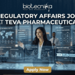 Regulatory Affairs Job at Teva Pharmaceutical | Life Science Careers. Featured image of a job advertisement, 1280x720 pixels, with a corporate yet futuristic aesthetic designed for high engagement. At the top center, the "biotecnika Your Bio Resource" logo and text from image_0.png is clearly displayed in white against a data-patterned background. Below the logo is the main headline in large, bold, clean white text: "REGULATORY AFFAIRS JOB AT TEVA PHARMACEUTICAL". The central figure is a female professional (woman of color) in a sleek business suit and a headset microphone, confidently presenting at a large, transparent interactive display table. The table and large wall-mounted transparent screens around her display glowing, complex data visualizations related to generic drug regulatory approval and pharma R&D processes, all with a clean, high-tech interface. Text on the screens is legible and includes elements like: a global map for "Generic drug regulatory approval" with dates; a "Moiety Analysis" bar chart; a "Bioequivalence study data" comparison chart; a "CMC Module Clinical Data Analysis" diagram; and a detailed "approval roadmap" flowchart. Text terms such as 'Label submission', 'Label Review', 'Moiety Analysis', and 'Bioequivalence study data' are clearly visible on the screens. The background is a modern, high-rise office at night, looking out over a city skyline, with blurred images of other diverse colleagues collaborating at desks, suggesting a busy and professional environment. At the bottom center of the image, there is a prominent, clean, orange "APPLY NOW" button with bold white text, serving as a clear call to action. The overall lighting is sophisticated, balancing the cool glow of the data interfaces with warm ambient office light. No actual Teva Pharmaceutical company logo is present, only the name in the main text headline and related generic data visualizations.