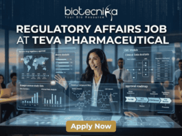 High-Demand Regulatory Affairs Job at Teva Pharmaceutical – Life Sciences Candidates Apply Now! Regulatory Affairs Job at Teva Pharmaceutical | Life Science Careers. Featured image of a job advertisement, 1280x720 pixels, with a corporate yet futuristic aesthetic designed for high engagement. At the top center, the "biotecnika Your Bio Resource" logo and text from image_0.png is clearly displayed in white against a data-patterned background. Below the logo is the main headline in large, bold, clean white text: "REGULATORY AFFAIRS JOB AT TEVA PHARMACEUTICAL". The central figure is a female professional (woman of color) in a sleek business suit and a headset microphone, confidently presenting at a large, transparent interactive display table. The table and large wall-mounted transparent screens around her display glowing, complex data visualizations related to generic drug regulatory approval and pharma R&D processes, all with a clean, high-tech interface. Text on the screens is legible and includes elements like: a global map for "Generic drug regulatory approval" with dates; a "Moiety Analysis" bar chart; a "Bioequivalence study data" comparison chart; a "CMC Module Clinical Data Analysis" diagram; and a detailed "approval roadmap" flowchart. Text terms such as 'Label submission', 'Label Review', 'Moiety Analysis', and 'Bioequivalence study data' are clearly visible on the screens. The background is a modern, high-rise office at night, looking out over a city skyline, with blurred images of other diverse colleagues collaborating at desks, suggesting a busy and professional environment. At the bottom center of the image, there is a prominent, clean, orange "APPLY NOW" button with bold white text, serving as a clear call to action. The overall lighting is sophisticated, balancing the cool glow of the data interfaces with warm ambient office light. No actual Teva Pharmaceutical company logo is present, only the name in the main text headline and related generic data visualizations.
