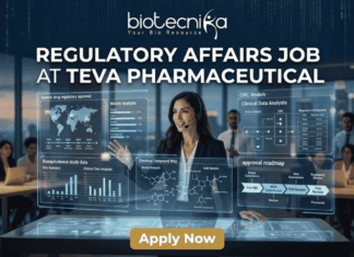 High-Demand Regulatory Affairs Job at Teva Pharmaceutical – Life Sciences Candidates Apply Now! Regulatory Affairs Job at Teva Pharmaceutical | Life Science Careers. Featured image of a job advertisement, 1280x720 pixels, with a corporate yet futuristic aesthetic designed for high engagement. At the top center, the "biotecnika Your Bio Resource" logo and text from image_0.png is clearly displayed in white against a data-patterned background. Below the logo is the main headline in large, bold, clean white text: "REGULATORY AFFAIRS JOB AT TEVA PHARMACEUTICAL". The central figure is a female professional (woman of color) in a sleek business suit and a headset microphone, confidently presenting at a large, transparent interactive display table. The table and large wall-mounted transparent screens around her display glowing, complex data visualizations related to generic drug regulatory approval and pharma R&D processes, all with a clean, high-tech interface. Text on the screens is legible and includes elements like: a global map for "Generic drug regulatory approval" with dates; a "Moiety Analysis" bar chart; a "Bioequivalence study data" comparison chart; a "CMC Module Clinical Data Analysis" diagram; and a detailed "approval roadmap" flowchart. Text terms such as 'Label submission', 'Label Review', 'Moiety Analysis', and 'Bioequivalence study data' are clearly visible on the screens. The background is a modern, high-rise office at night, looking out over a city skyline, with blurred images of other diverse colleagues collaborating at desks, suggesting a busy and professional environment. At the bottom center of the image, there is a prominent, clean, orange "APPLY NOW" button with bold white text, serving as a clear call to action. The overall lighting is sophisticated, balancing the cool glow of the data interfaces with warm ambient office light. No actual Teva Pharmaceutical company logo is present, only the name in the main text headline and related generic data visualizations.
