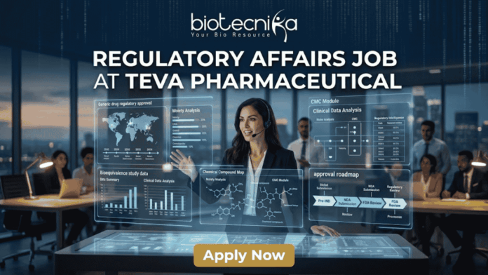 High-Demand Regulatory Affairs Job at Teva Pharmaceutical – Life Sciences Candidates Apply Now! Regulatory Affairs Job at Teva Pharmaceutical | Life Science Careers. Featured image of a job advertisement, 1280x720 pixels, with a corporate yet futuristic aesthetic designed for high engagement. At the top center, the "biotecnika Your Bio Resource" logo and text from image_0.png is clearly displayed in white against a data-patterned background. Below the logo is the main headline in large, bold, clean white text: "REGULATORY AFFAIRS JOB AT TEVA PHARMACEUTICAL". The central figure is a female professional (woman of color) in a sleek business suit and a headset microphone, confidently presenting at a large, transparent interactive display table. The table and large wall-mounted transparent screens around her display glowing, complex data visualizations related to generic drug regulatory approval and pharma R&D processes, all with a clean, high-tech interface. Text on the screens is legible and includes elements like: a global map for "Generic drug regulatory approval" with dates; a "Moiety Analysis" bar chart; a "Bioequivalence study data" comparison chart; a "CMC Module Clinical Data Analysis" diagram; and a detailed "approval roadmap" flowchart. Text terms such as 'Label submission', 'Label Review', 'Moiety Analysis', and 'Bioequivalence study data' are clearly visible on the screens. The background is a modern, high-rise office at night, looking out over a city skyline, with blurred images of other diverse colleagues collaborating at desks, suggesting a busy and professional environment. At the bottom center of the image, there is a prominent, clean, orange "APPLY NOW" button with bold white text, serving as a clear call to action. The overall lighting is sophisticated, balancing the cool glow of the data interfaces with warm ambient office light. No actual Teva Pharmaceutical company logo is present, only the name in the main text headline and related generic data visualizations.
