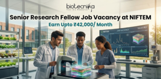 High Paying Senior Research Fellow Job Vacancy at NIFTEM | Earn Upto ₹42,000/ Month High Paying Senior Research Fellow Job Vacancy at NIFTEM Earn Upto ₹42,000 Month. A professional and vibrant featured image for a "Senior Research Fellow Job Vacancy at NIFTEM." The scene showcases three diverse researchers in white lab coats working in a sunlit, state-of-the-art food technology laboratory. They are gathered around an advanced imaging device analyzing a 3D-rendered food sample. A large digital monitor in the background displays complex data visualizations and structural models. The Biotecnika logo is positioned at the top center. The primary text reads "Senior Research Fellow Job Vacancy at NIFTEM" with a sub-headline "Earn Upto ₹42,000/ Month." A sleek, glowing "APPLY NOW" button is located at the bottom.