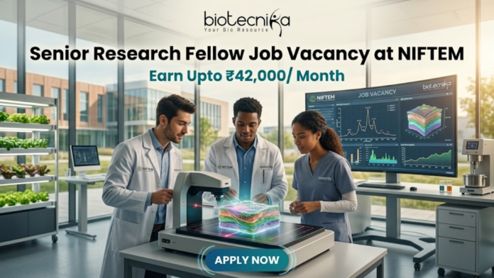 High Paying Senior Research Fellow Job Vacancy at NIFTEM Earn Upto ₹42,000 Month High Paying Senior Research Fellow Job Vacancy at NIFTEM Earn Upto ₹42,000 Month. A professional and vibrant featured image for a "Senior Research Fellow Job Vacancy at NIFTEM." The scene showcases three diverse researchers in white lab coats working in a sunlit, state-of-the-art food technology laboratory. They are gathered around an advanced imaging device analyzing a 3D-rendered food sample. A large digital monitor in the background displays complex data visualizations and structural models. The Biotecnika logo is positioned at the top center. The primary text reads "Senior Research Fellow Job Vacancy at NIFTEM" with a sub-headline "Earn Upto ₹42,000/ Month." A sleek, glowing "APPLY NOW" button is located at the bottom.