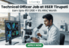 High-Paying Technical Officer Job at IISER Tirupati – Apply Before Deadline!. A professional recruitment graphic for a Technical Officer job at IISER Tirupati. The image features a focused male scientist in a modern, brightly lit laboratory environment, working with high-tech equipment and dual monitors displaying colorful microscopic cell images. At the top, the Biotecnika logo is positioned above bold text that reads: "Technical Officer Job at IISER Tirupati" with a tagline "Earn Upto ₹57,000 + 9% HRA/ Month." A prominent green "Apply Now" button is located at the bottom center.
