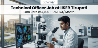 High-Paying Technical Officer Job at IISER Tirupati – Get Monthly Emoluments of ₹57,000 + 9% HRA High-Paying Technical Officer Job at IISER Tirupati – Apply Before Deadline!. A professional recruitment graphic for a Technical Officer job at IISER Tirupati. The image features a focused male scientist in a modern, brightly lit laboratory environment, working with high-tech equipment and dual monitors displaying colorful microscopic cell images. At the top, the Biotecnika logo is positioned above bold text that reads: "Technical Officer Job at IISER Tirupati" with a tagline "Earn Upto ₹57,000 + 9% HRA/ Month." A prominent green "Apply Now" button is located at the bottom center.