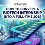 A digital illustration with an informational layout. At the top, a title reads: 'HOW TO CONVERT A BIOTECH INTERNSHIP INTO A FULL-TIME JOB?' with a 'Biotecnika Global' logo. The main visual flow starts on the left with a young male intern with a backpack and lab coat working at a microscope, labeled 'INTERN'. A winding path with steps and icons leads from him towards the right. Each step is labeled: 'BUILD SKILLS', 'NETWORK', 'SHOW INITIATIVE', 'CONTRIBUTE'. The path ends with a group of diverse scientists and professionals. One man holds a signed contract and leads the team, with text 'FULL-TIME EMPLOYEE' nearby. Advanced lab equipment and screens with biotech data surround them. The image illustrates a clear career path with actionable steps.