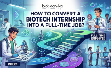 How to Convert a Biotech Internship Into a Full-Time Job? A digital illustration with an informational layout. At the top, a title reads: 'HOW TO CONVERT A BIOTECH INTERNSHIP INTO A FULL-TIME JOB?' with a 'Biotecnika Global' logo. The main visual flow starts on the left with a young male intern with a backpack and lab coat working at a microscope, labeled 'INTERN'. A winding path with steps and icons leads from him towards the right. Each step is labeled: 'BUILD SKILLS', 'NETWORK', 'SHOW INITIATIVE', 'CONTRIBUTE'. The path ends with a group of diverse scientists and professionals. One man holds a signed contract and leads the team, with text 'FULL-TIME EMPLOYEE' nearby. Advanced lab equipment and screens with biotech data surround them. The image illustrates a clear career path with actionable steps.