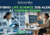 Hybrid Life Science Job Alert at Thermo Fisher. A professional split-screen featured image for a "Hybrid Life Science Job Alert at Thermo Fisher." The left side shows a female scientist in a white lab coat working in a high-tech laboratory with a centrifuge. The right side shows a professional woman working on a laptop at a modern desk, representing remote work. A glowing DNA double helix is centered between the two scenes. The Biotecnika logo is at the top, and a large "APPLY NOW" button is at the bottom center.